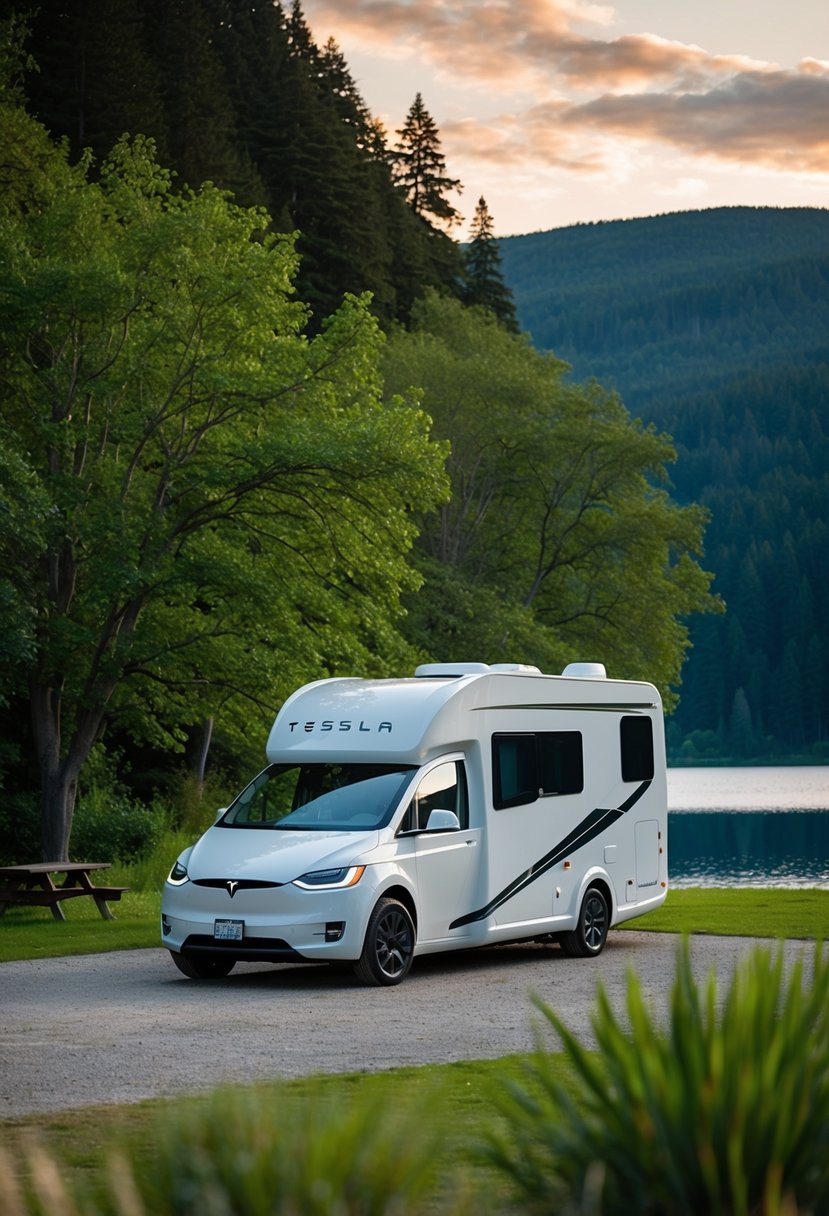 A sleek Tesla motorhome parked in a scenic campground, surrounded by lush greenery and a tranquil lake