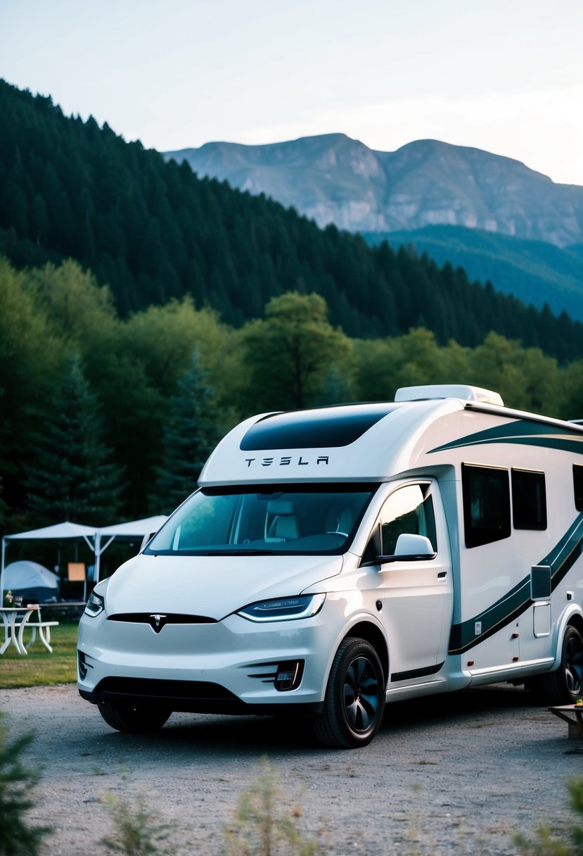 A sleek, modern Tesla motorhome parked at a scenic campsite, with a lush forest and mountains in the background