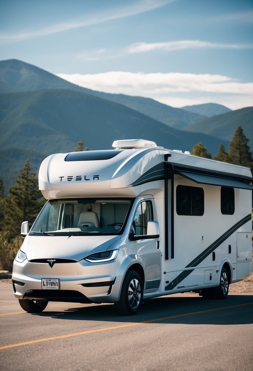 A sleek, modern Tesla motorhome parked in a scenic campground with mountains in the background