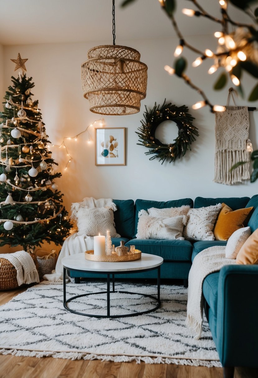 A cozy boho chic living room with eclectic decor, a mix of textures, and warm Christmas accents like twinkling lights and cozy throw blankets