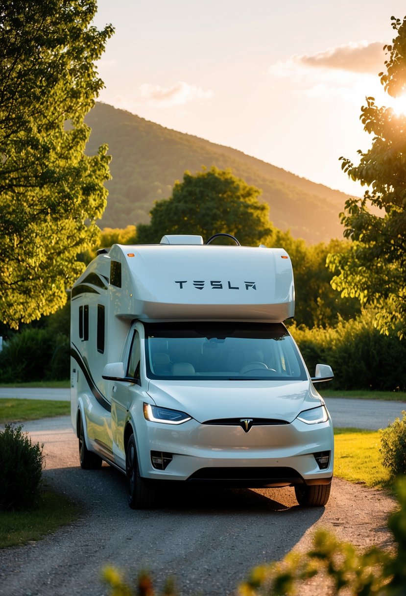 A sleek, modern Tesla motorhome parked in a scenic campground, surrounded by lush greenery and bathed in warm sunlight