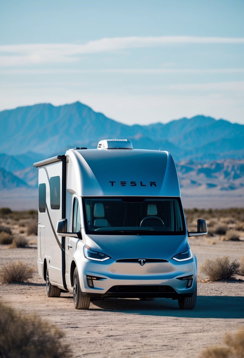 A bustling market with various motorhomes on display, including a sleek Tesla model. Prices are prominently displayed for comparison