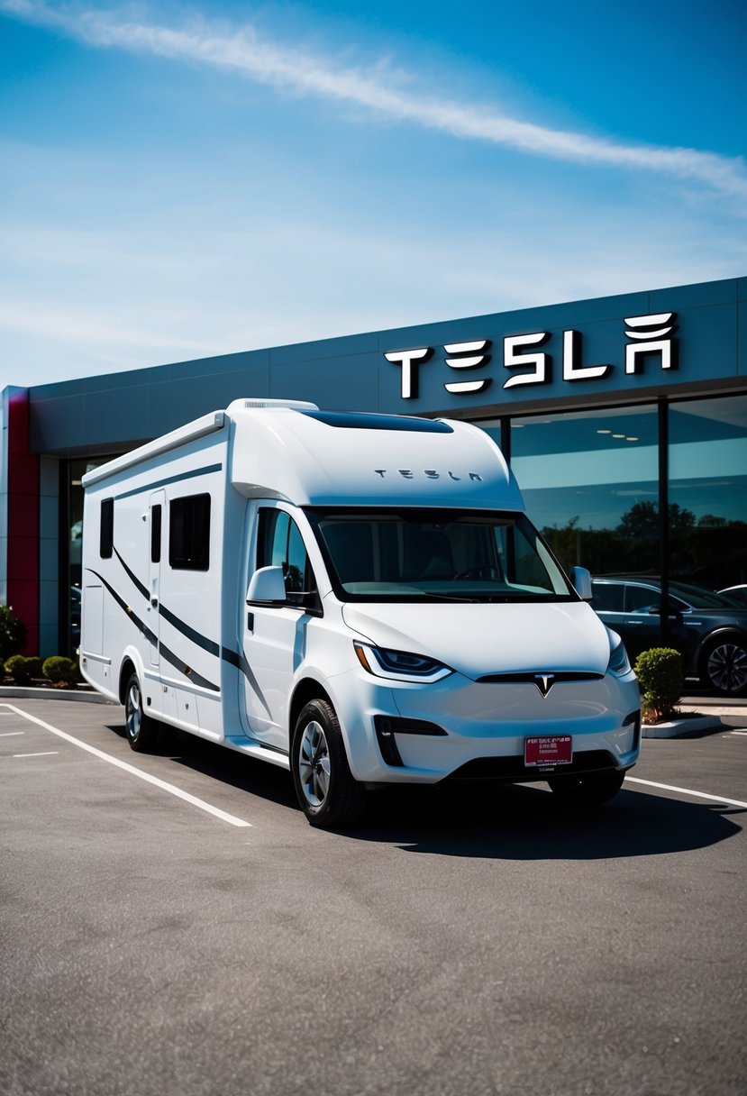 A sleek Tesla motorhome parked at a dealership, with a price tag displayed in the window