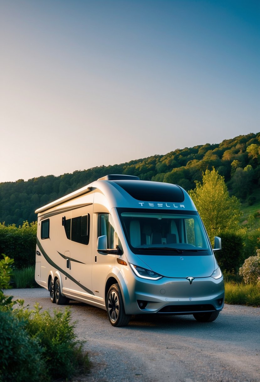 A sleek, futuristic Tesla motorhome parked in a scenic campground, surrounded by lush greenery and a clear blue sky