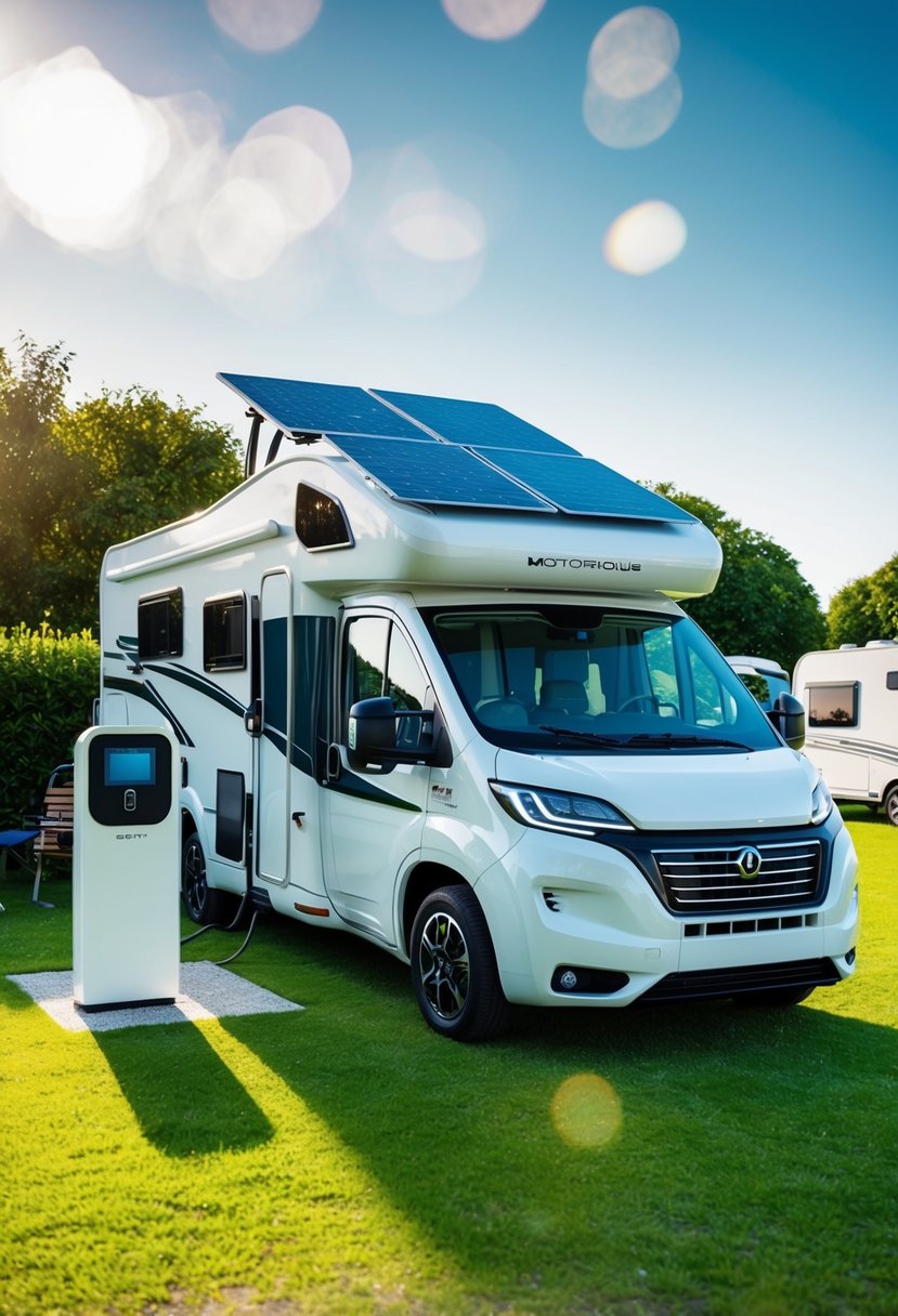 A sleek, futuristic motorhome sits on a lush campsite, with solar panels gleaming on its roof and a charging station nearby