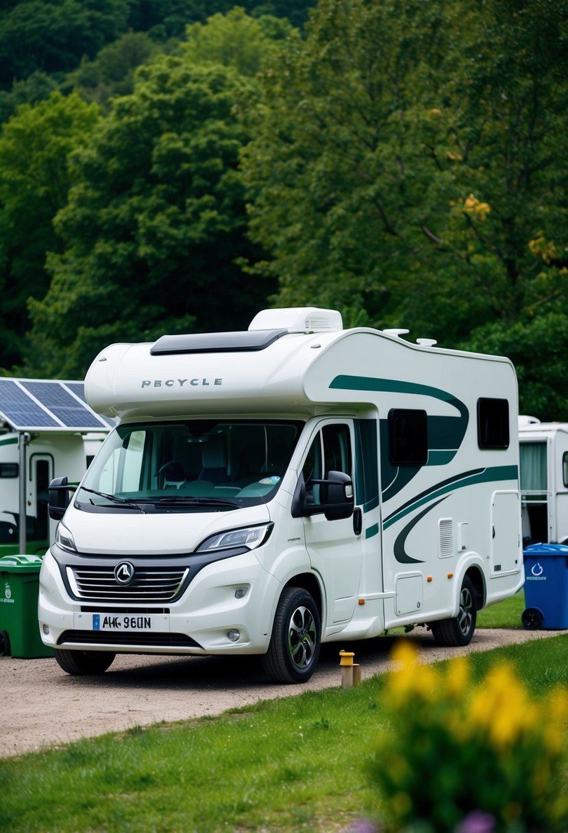 A sleek, electric-powered motorhome parked in a lush, green campground surrounded by solar panels and recycling bins