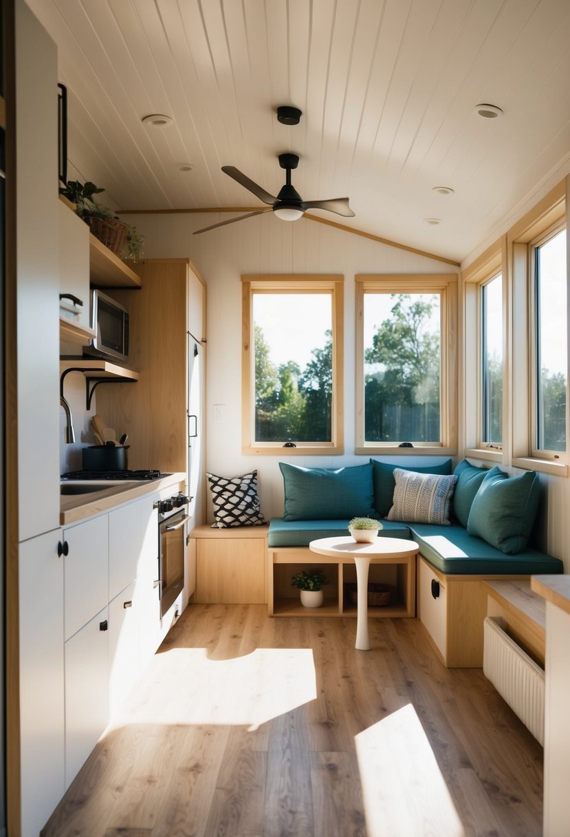 A cozy tiny house with multi-functional furniture, compact kitchen, and clever storage solutions. Sunlight streams through the windows onto a minimalist living space