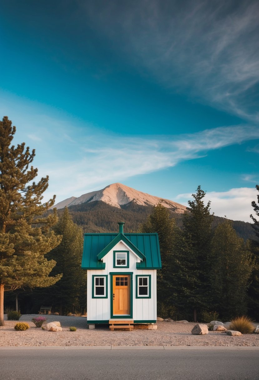 A small, charming tiny home nestled among trees with a clear blue sky and a mountain backdrop