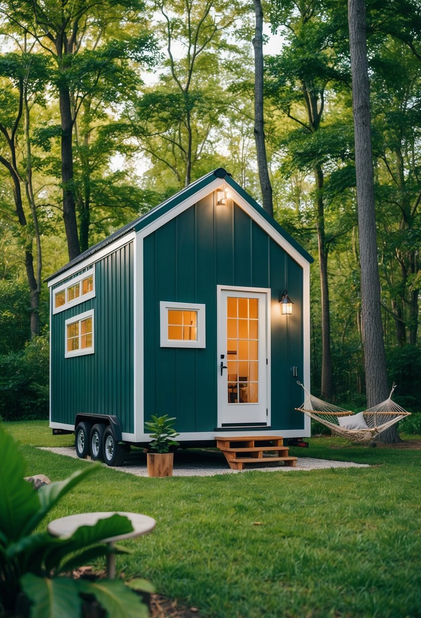 A cozy tiny house nestled in a lush forest clearing, with a small garden and a hammock outside