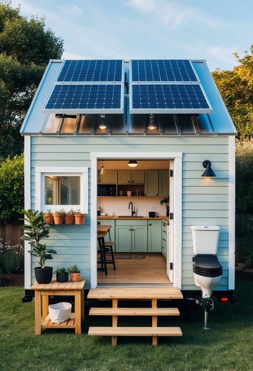 A cozy tiny house with efficient furniture, storage solutions, and a compact kitchen. Solar panels on the roof, a small garden, and a composting toilet