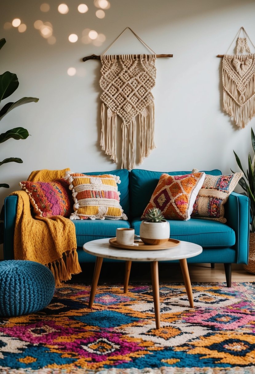 A cozy boho living room with a mix of vibrant patterns and textures: a colorful rug, woven throw pillows, and a macrame wall hanging