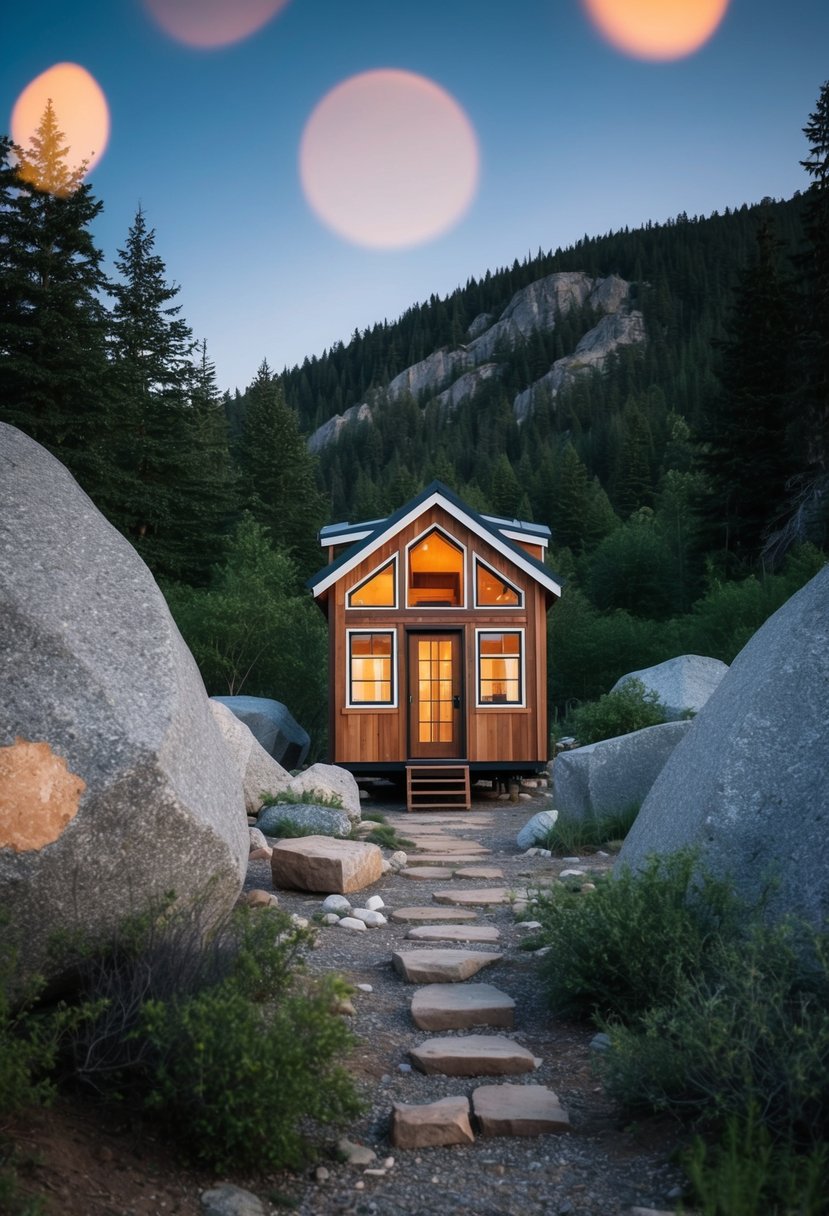 A tiny house surrounded by obstacles like large boulders, steep hills, and dense forests, symbolizing the challenges and hurdles of tiny house living