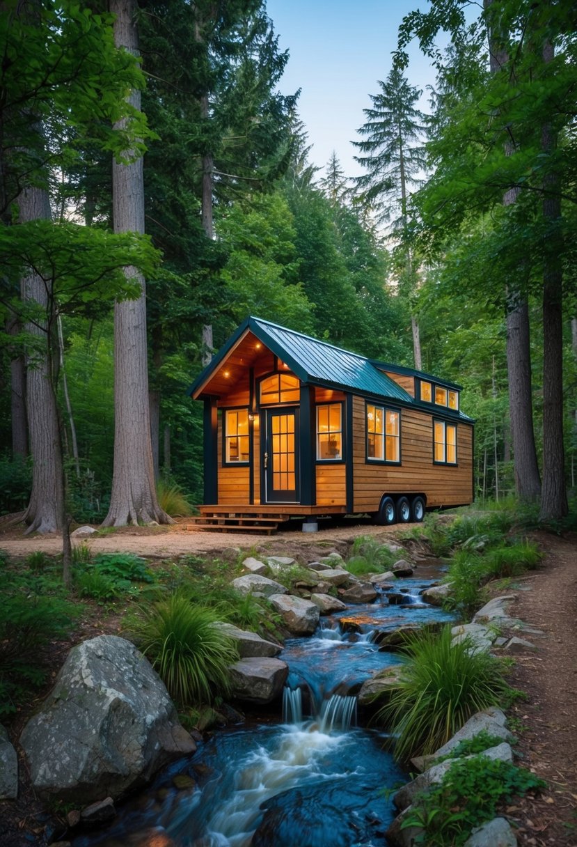 A cozy tiny house nestled in a lush forest clearing, surrounded by towering trees and a bubbling stream