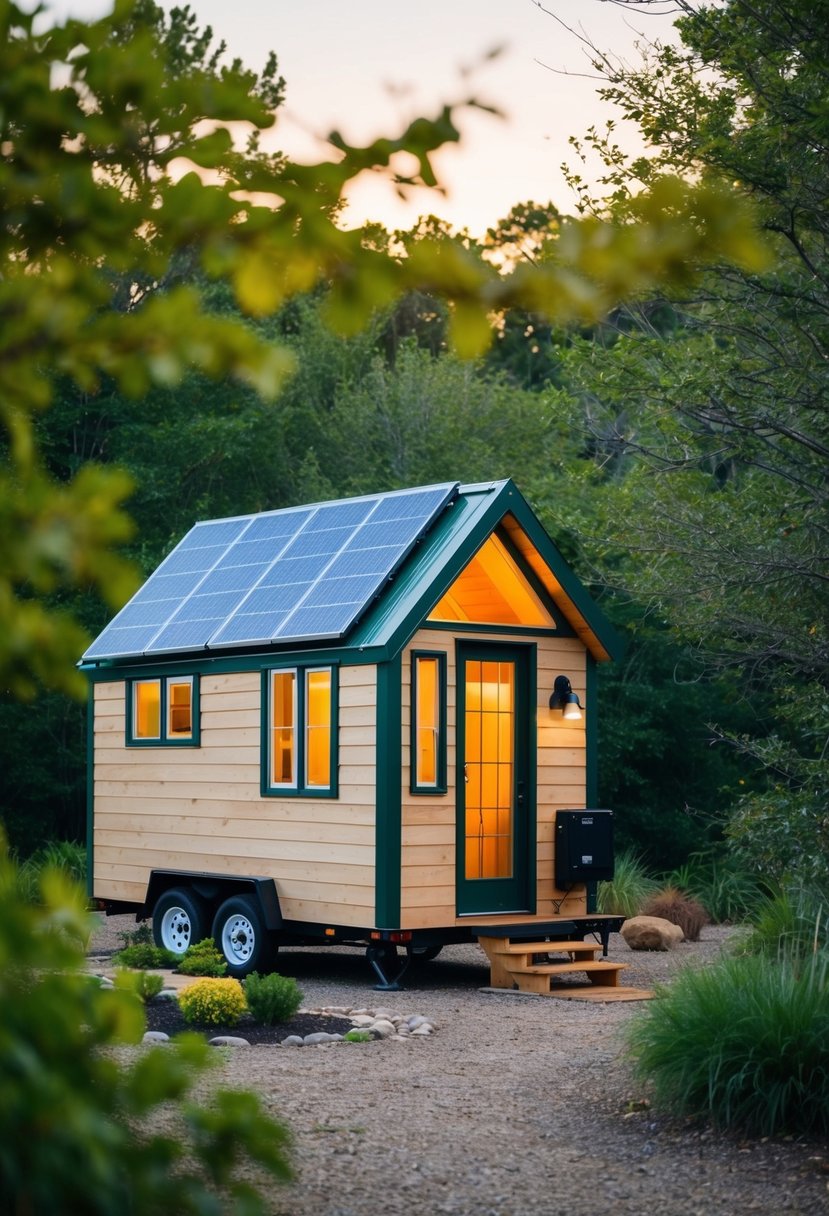 A cozy tiny house nestled in a serene natural setting, with a small garden and solar panels, showcasing sustainable living