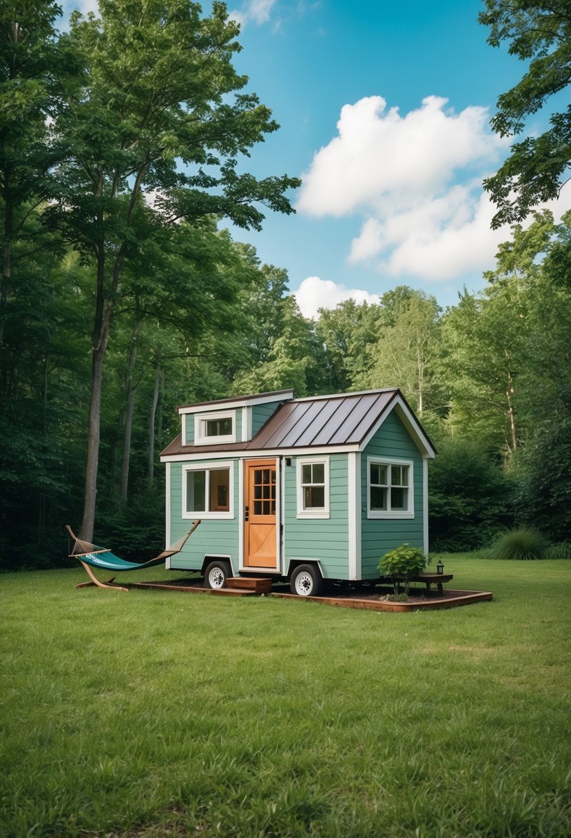 A cozy tiny house nestled in a lush forest clearing, with a small garden and a hammock outside