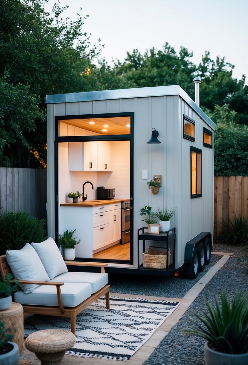 A cozy tiny house with minimal furniture, compact kitchen, and clever storage solutions. Outdoor space features a small garden and efficient use of space