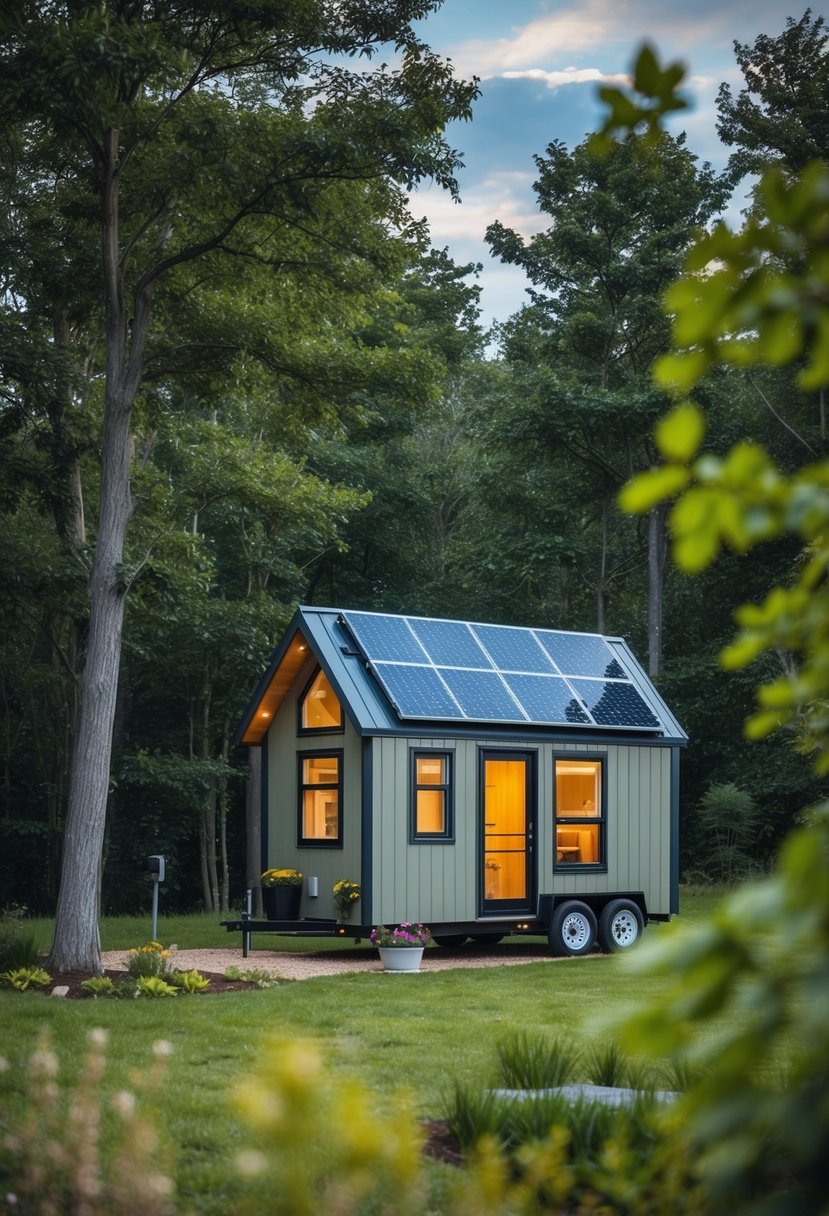 A tiny house nestled in a serene natural setting, surrounded by trees and a small garden, with solar panels on the roof and a rainwater collection system