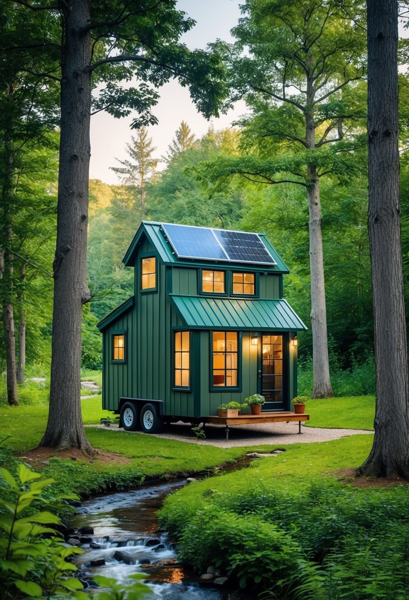 A tiny house nestled in a lush forest clearing, surrounded by tall trees and a winding stream. A small garden and solar panels adorn the exterior