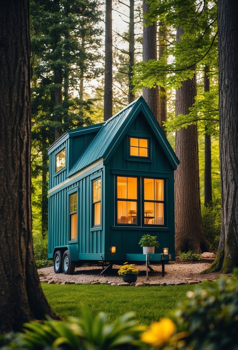 A cozy tiny home nestled in a lush forest, surrounded by towering trees and a small garden, with a warm glow emanating from the windows