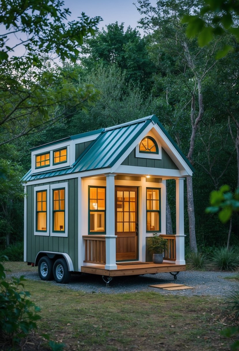 A cozy tiny house nestled in a serene natural setting, with a small porch and large windows to let in plenty of natural light