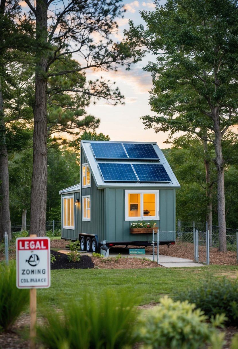 A tiny house nestled among trees, with a small garden and solar panels, surrounded by a fence with a sign indicating legal zoning compliance