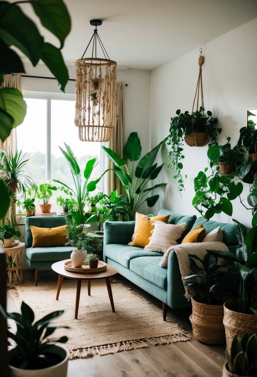 A cozy boho living room filled with lush plants and greenery, creating a natural and serene atmosphere