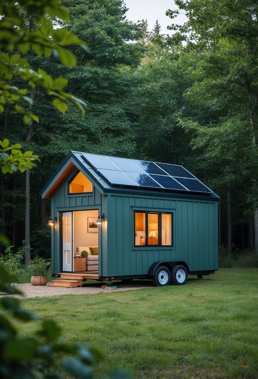 A tiny house nestled in a serene forest clearing, surrounded by lush greenery and a small garden, with a cozy interior and solar panels on the roof