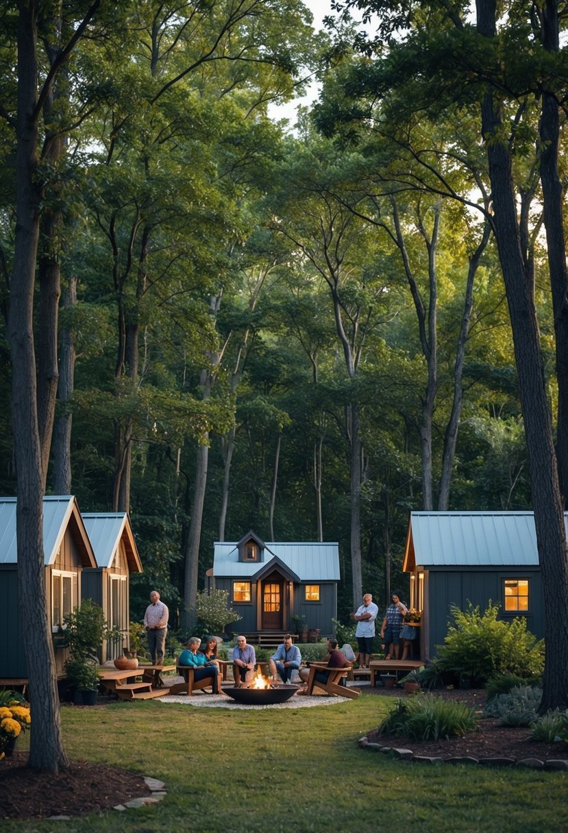 A cluster of tiny houses nestled among trees, with residents tending to gardens and gathering around a communal fire pit