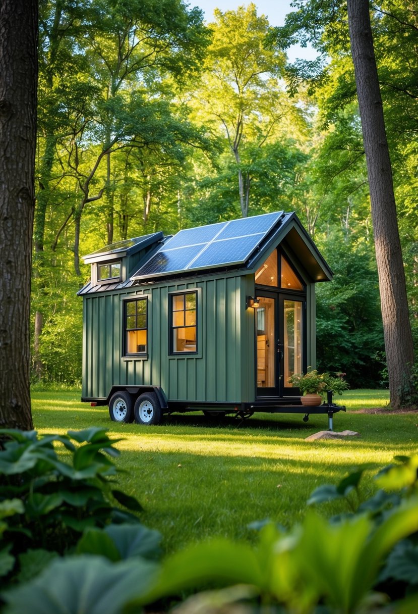 A cozy tiny house nestled in a lush, green forest with a small garden and solar panels on the roof, surrounded by nature