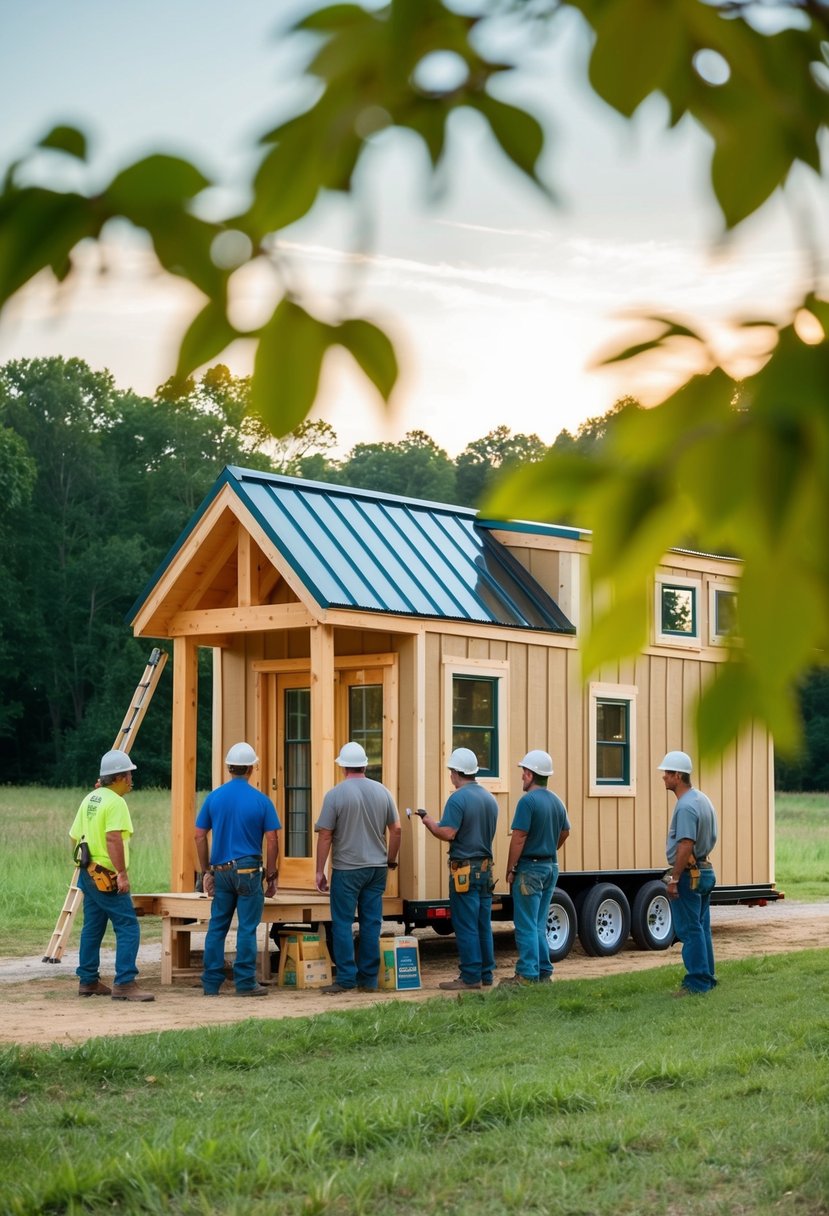 A group of builders construct a tiny house in the Tennessee countryside