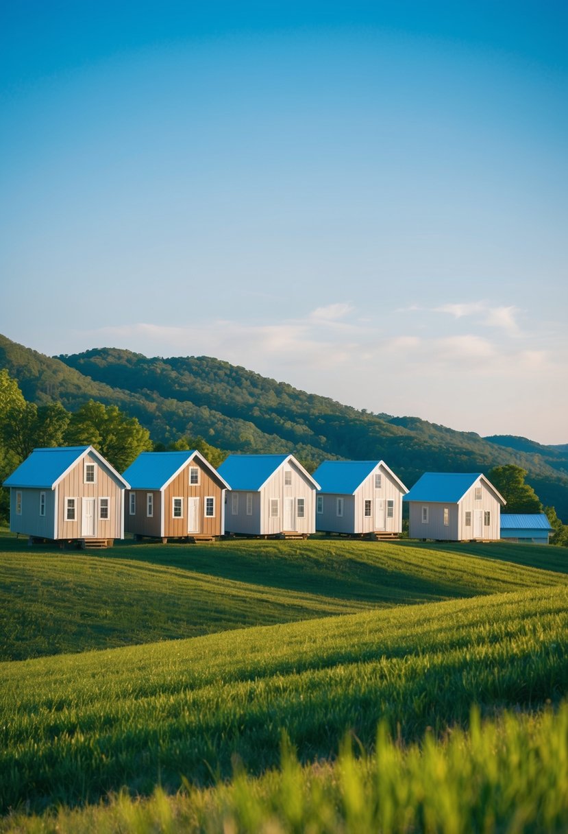 A group of tiny houses nestled in the rolling hills of Tennessee, surrounded by lush greenery and a clear blue sky