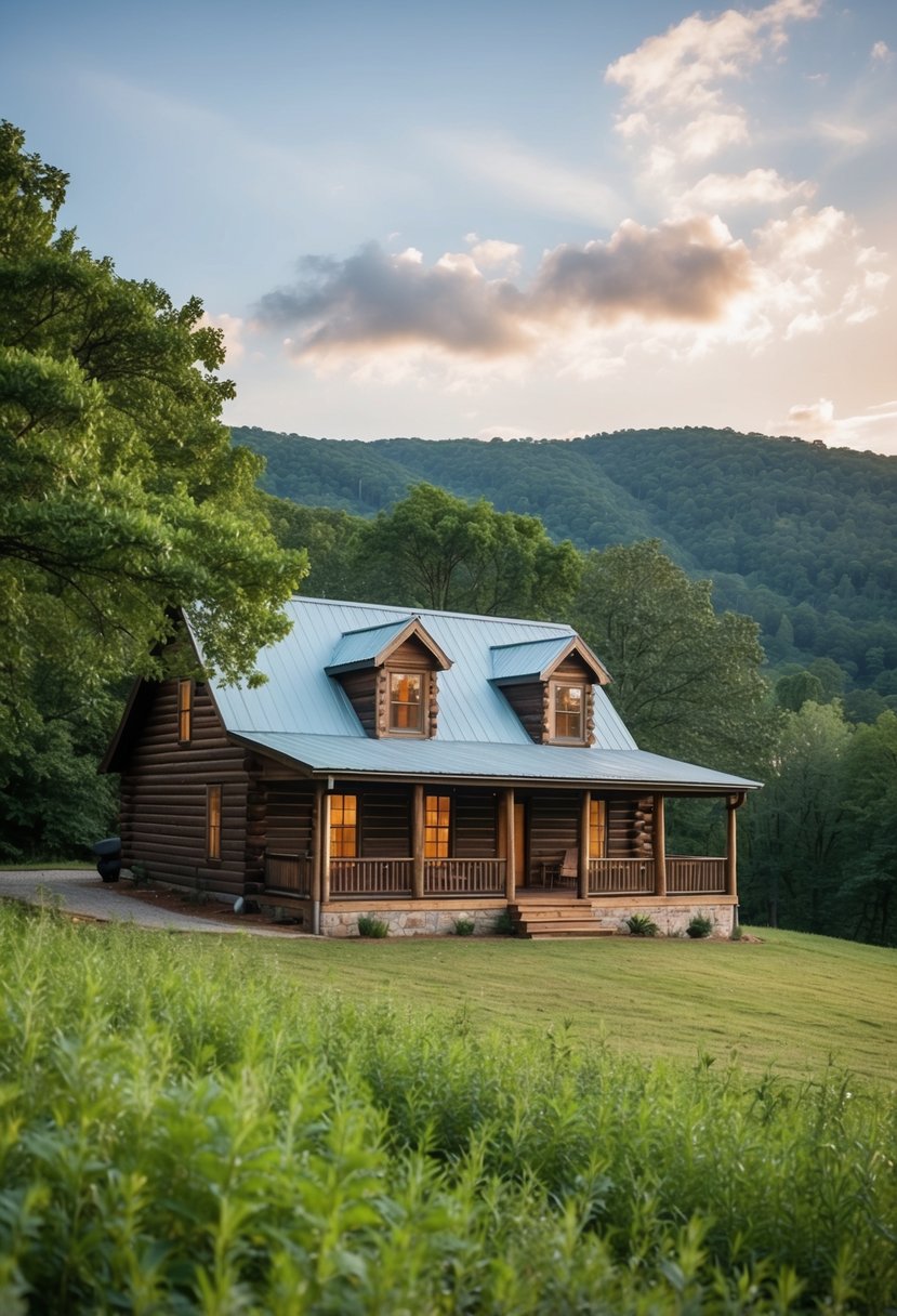 A rustic cabin surrounded by lush greenery, with a cozy porch and large windows, nestled in the rolling hills of Tennessee