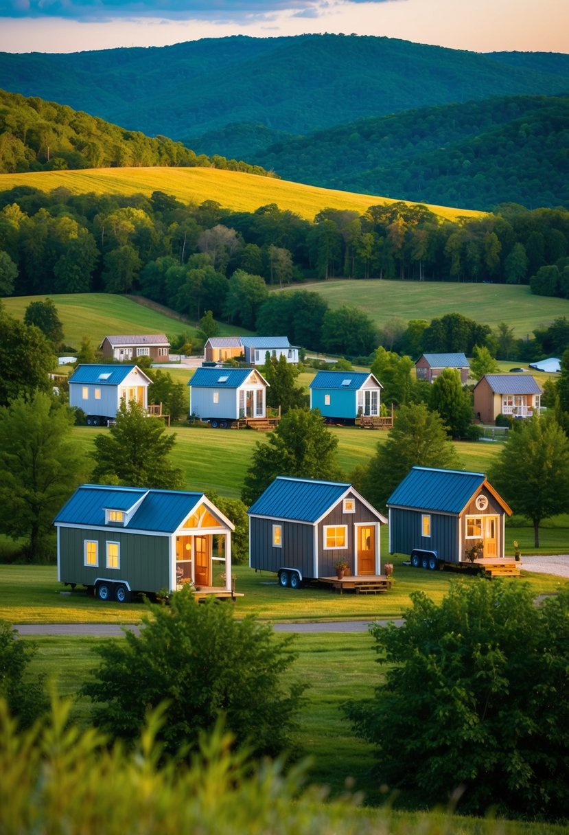 A cluster of tiny houses surrounded by lush greenery and rolling hills, showcasing the craftsmanship of Tennessee's notable builders and communities