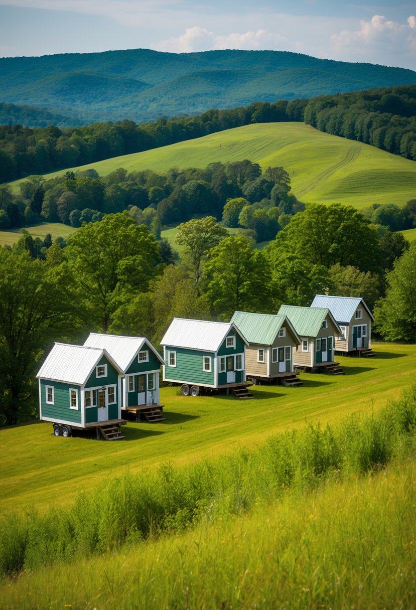 A row of charming tiny houses nestled in the scenic landscape of Tennessee, surrounded by lush greenery and rolling hills