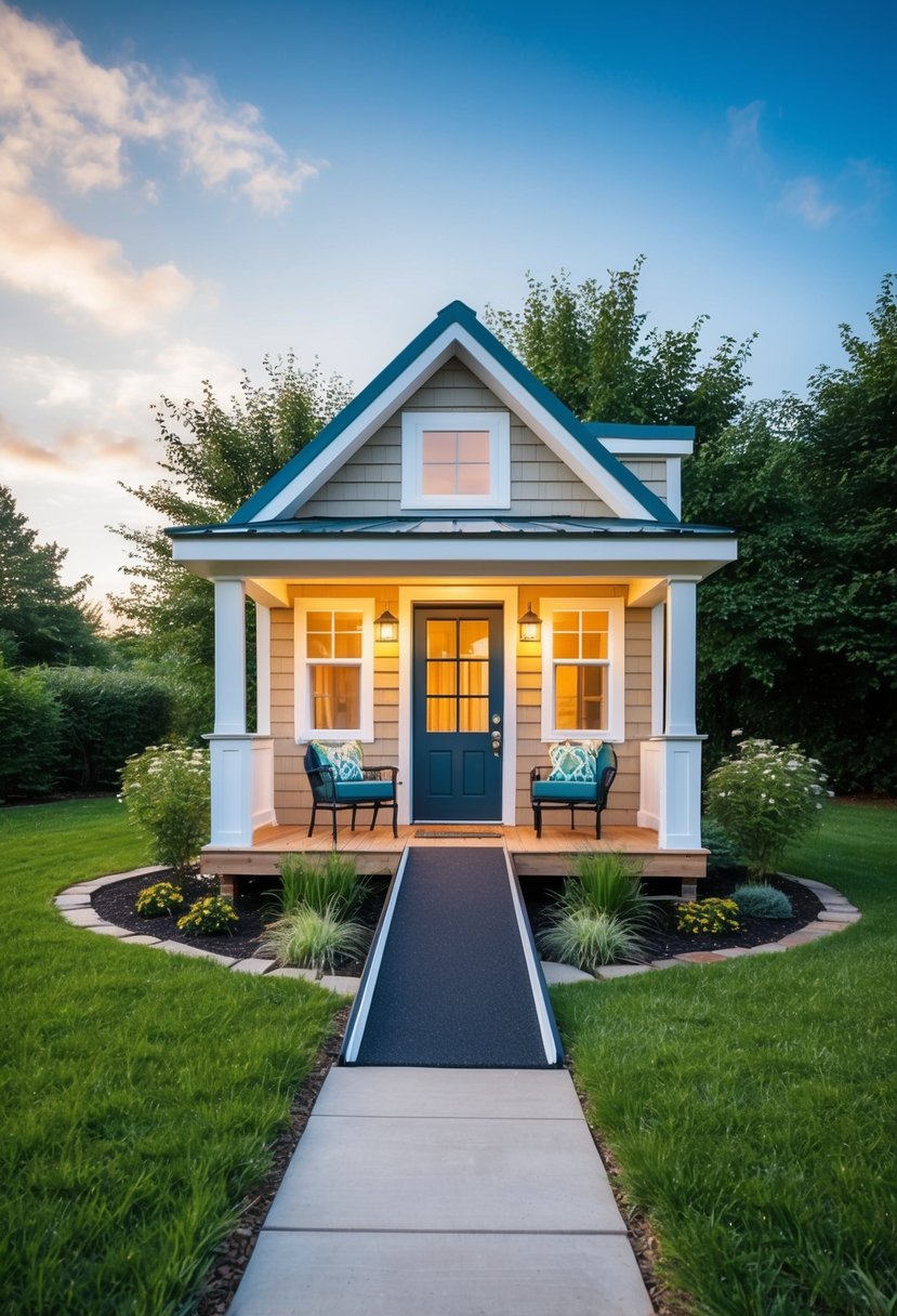 A cozy 2-bedroom tiny house with accessible features, surrounded by a peaceful garden and a wheelchair ramp leading to the front door