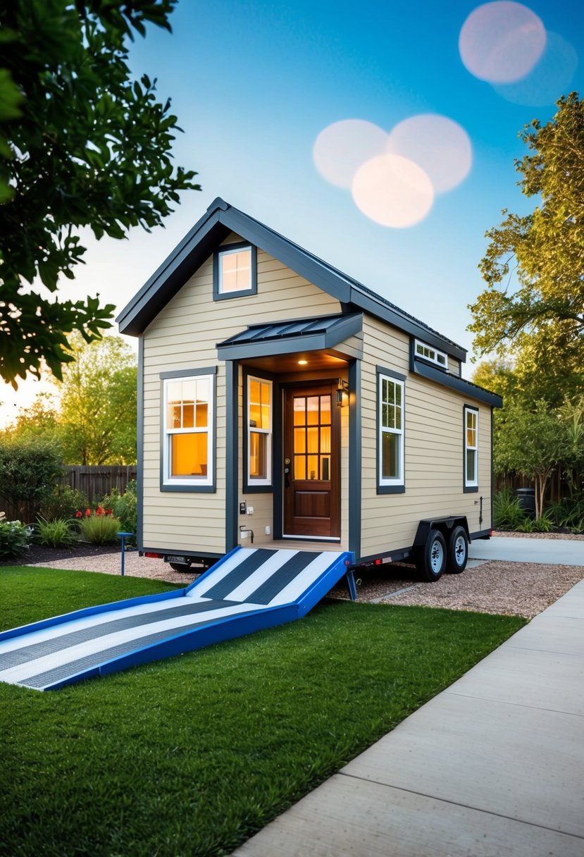 A cozy 2-bedroom tiny house with accessible features, surrounded by a peaceful garden and a ramp leading up to the front door