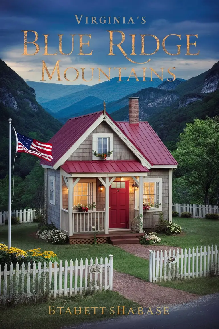 A picturesque tiny house nestled in Virginia's Blue Ridge Mountains, with state flag visible.