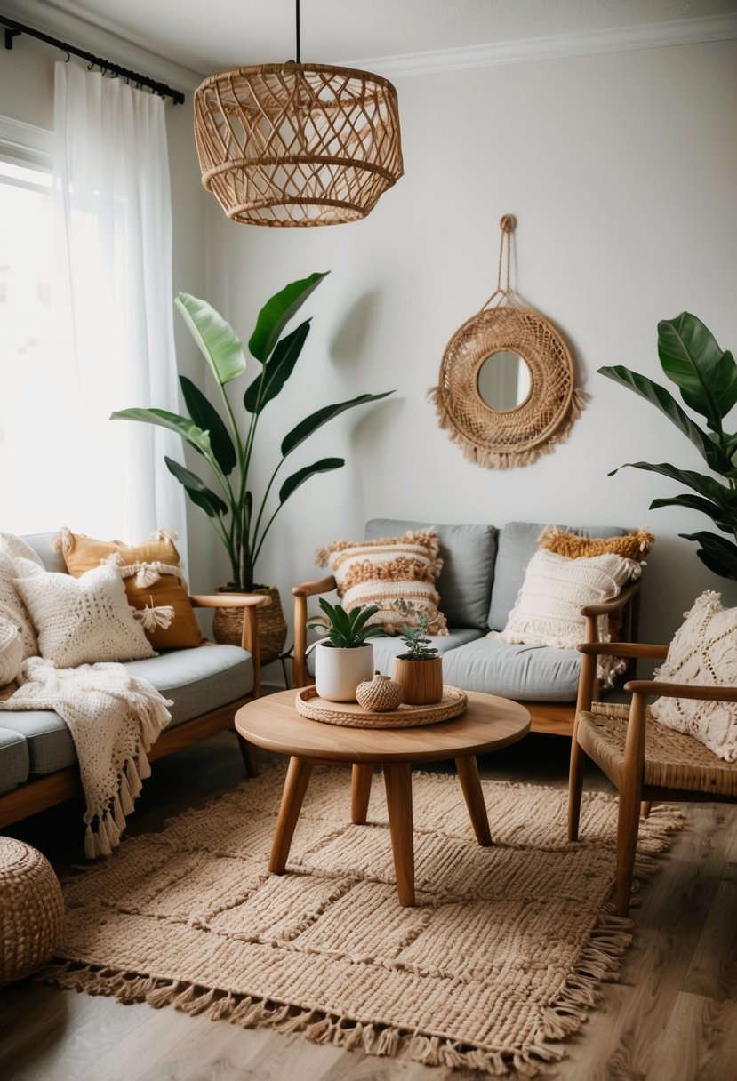 A cozy boho living room with wooden furniture, woven textiles, potted plants, and natural materials like rattan and jute