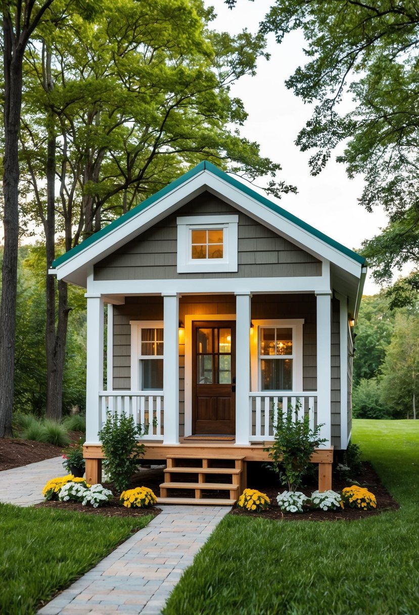 A cozy 2-bedroom tiny house for seniors, with a front porch and flower garden, nestled in a peaceful wooded setting