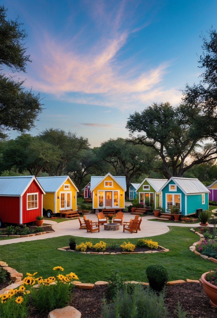 A cluster of colorful tiny homes nestled among trees in a Texas village, with communal gardens and a central gathering area