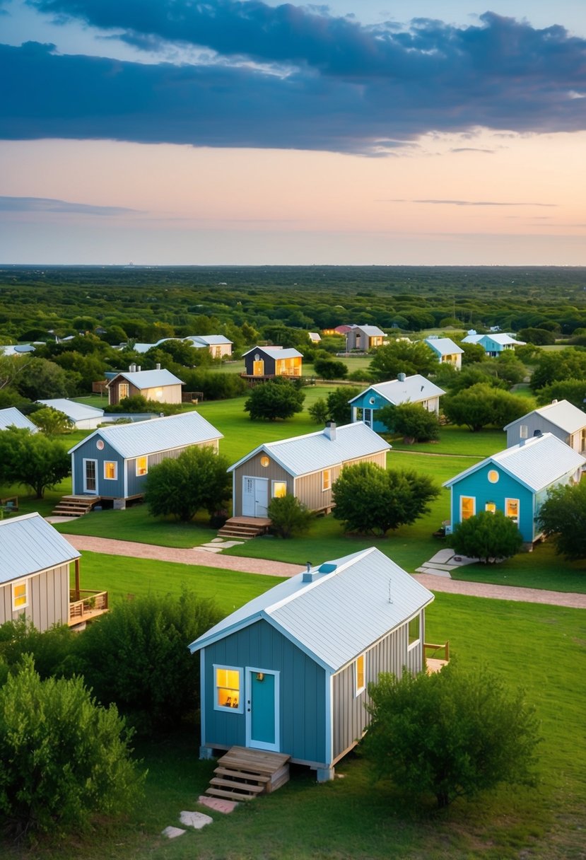 A serene Texas landscape with tiny homes nestled among lush greenery, showcasing the diverse communities and villages embracing legal and zoning considerations