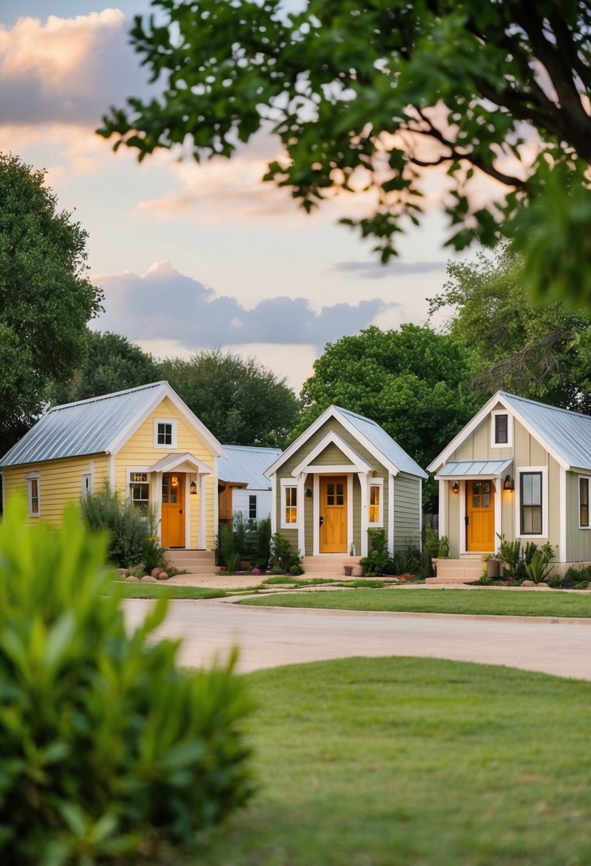 A cluster of charming tiny homes nestled among lush greenery in a Texas village