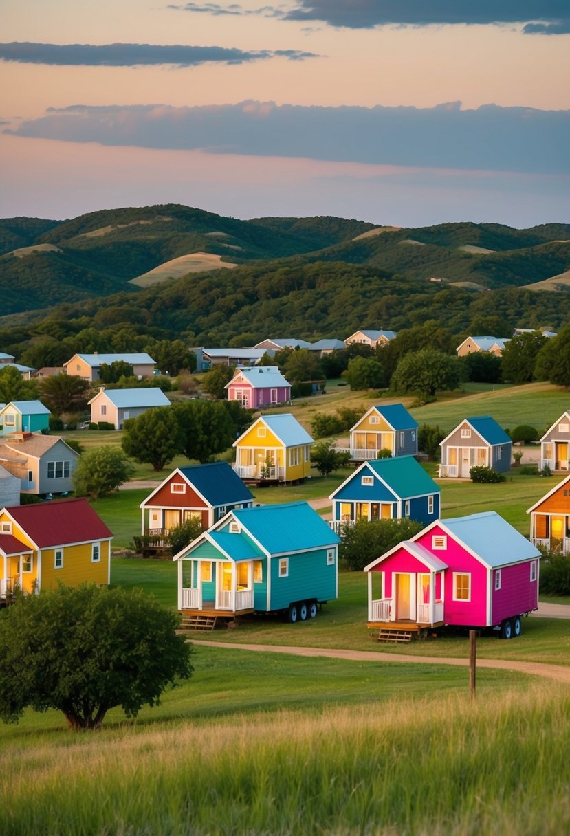 A tranquil tiny home village nestled among the rolling hills of Texas, with colorful houses and lush greenery