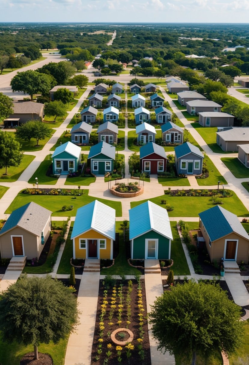 Aerial view of cozy tiny homes nestled among lush greenery in a Texas village. Community center, gardens, and walking paths create a welcoming atmosphere