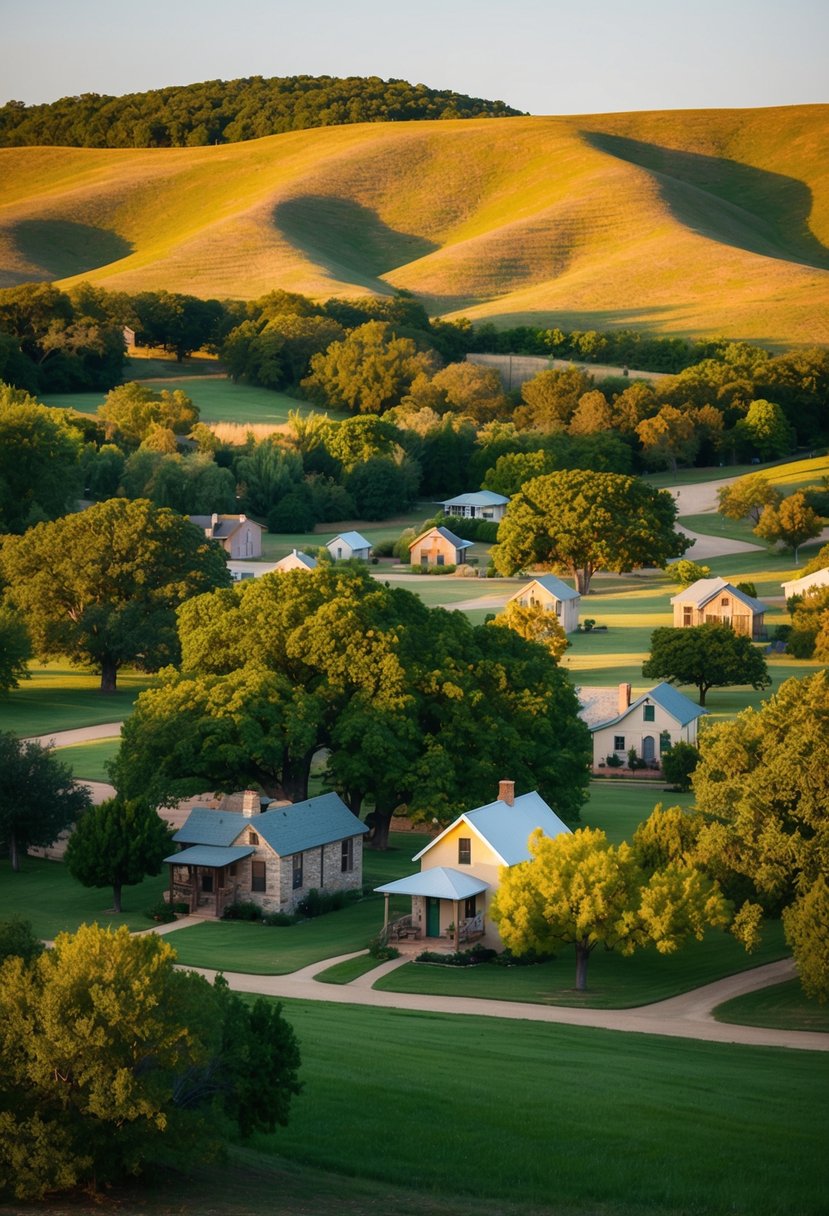 Rolling hills, lush greenery, and quaint tiny homes nestled among towering trees in a serene Texas village