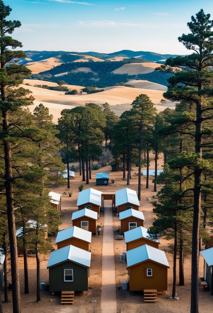 A cluster of tiny homes nestled among tall pine trees with a central communal area, surrounded by a backdrop of rolling hills and clear blue skies in Texas