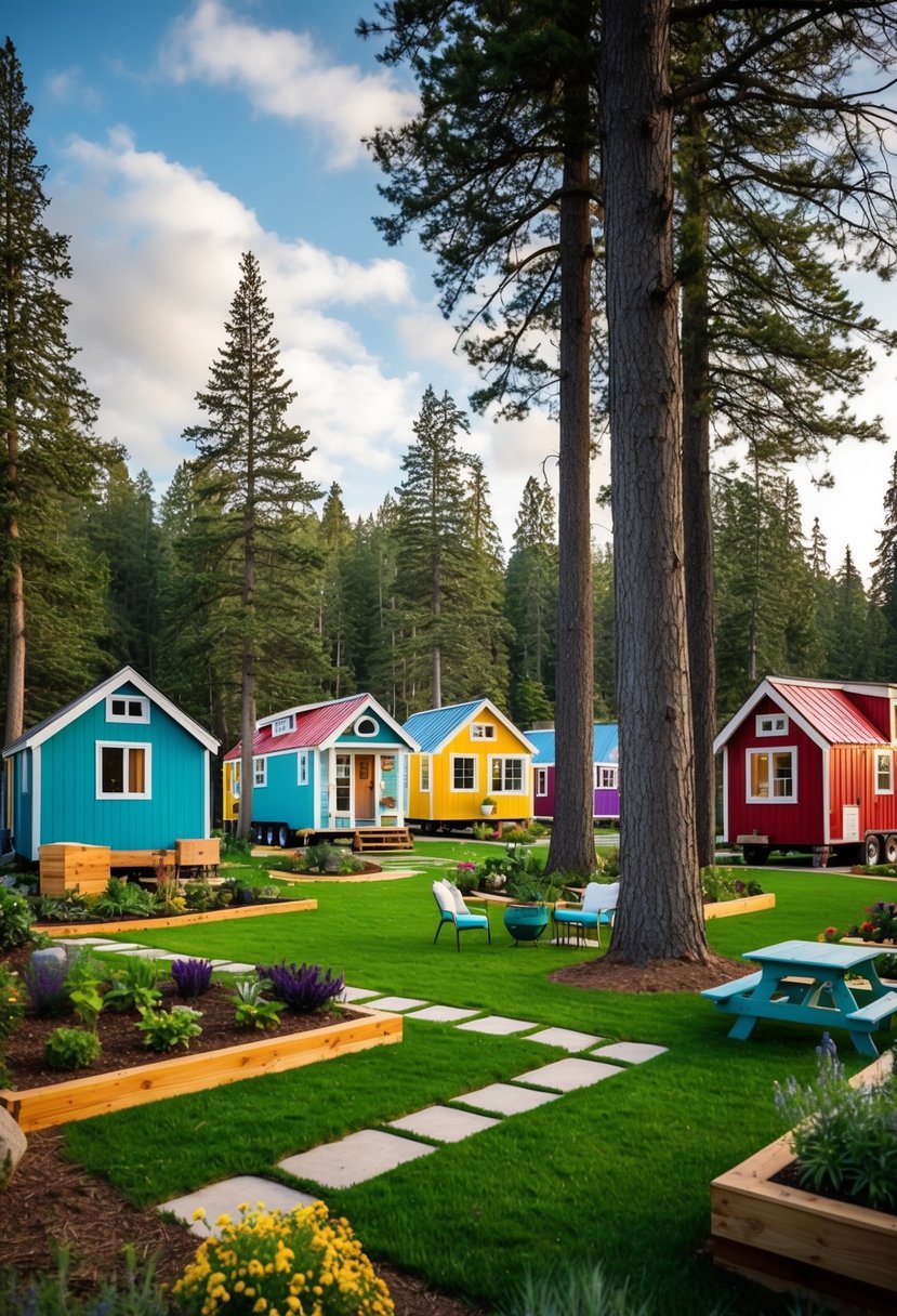 A cluster of colorful tiny homes nestled among tall trees with communal gardens, gathering areas, and a rustic charm