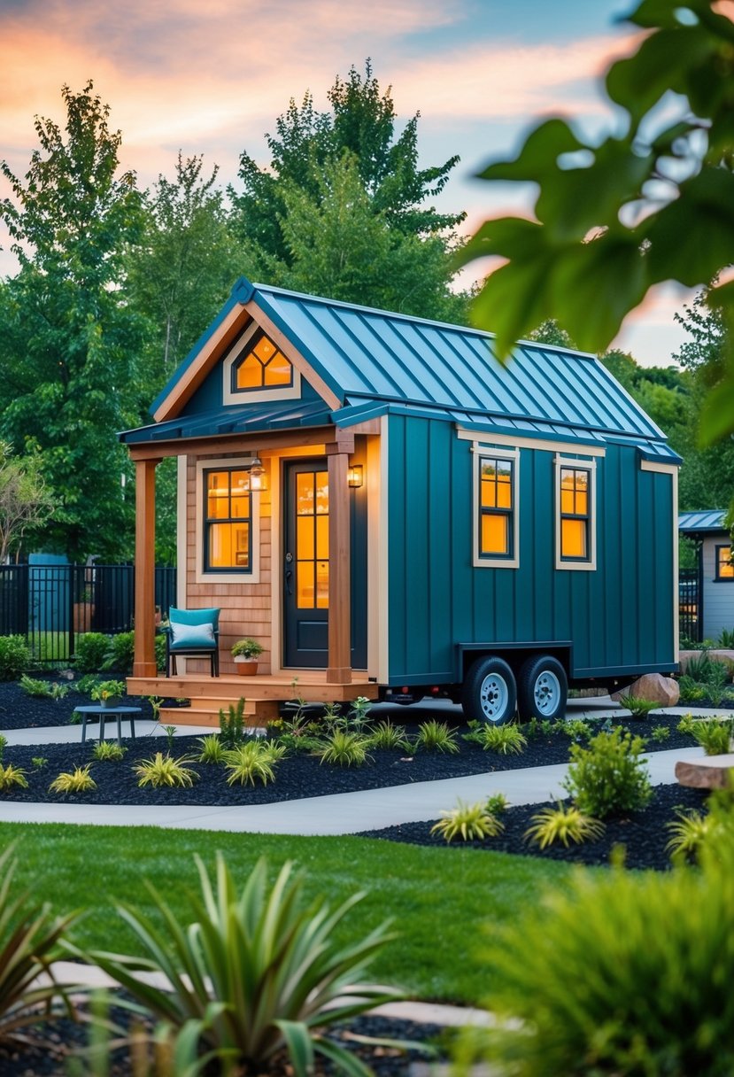 A cozy tiny home nestled in a vibrant community with lush landscaping, communal gathering spaces, and modern amenities