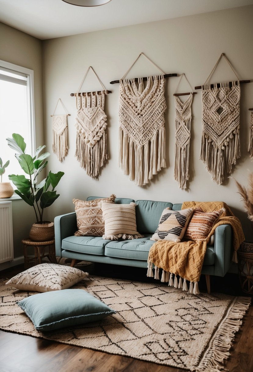 A cozy boho living room with layered rugs, floor cushions, macrame wall hangings, and eclectic mix of patterns and textures