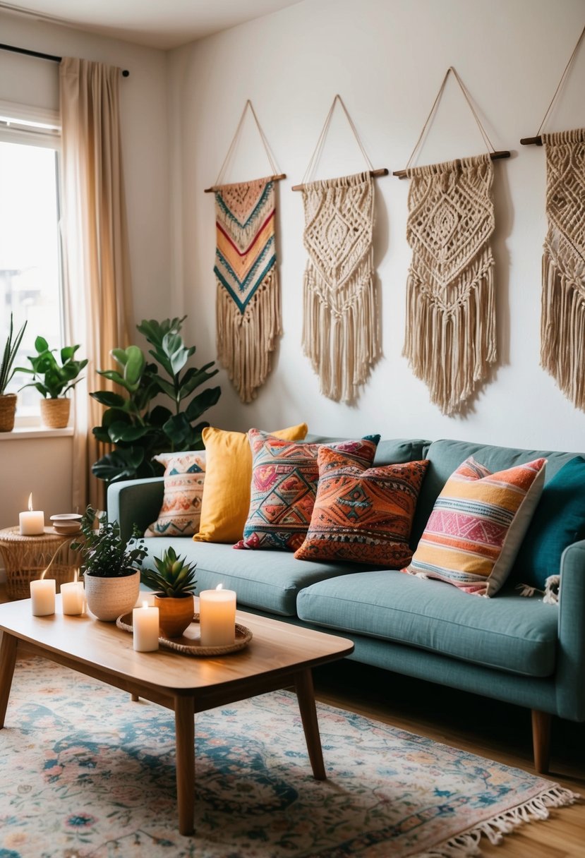 A cozy bohemian living room with colorful throw pillows, macrame wall hangings, and a low wooden coffee table adorned with plants and candles